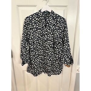 Lauren Ralph Lauren Black & White Floral Print 3/4 Sleeve Button Down Shirt sz 1